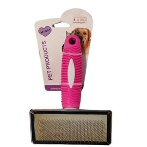 Cepillo cardina para perro o gato con mango de goma rosa